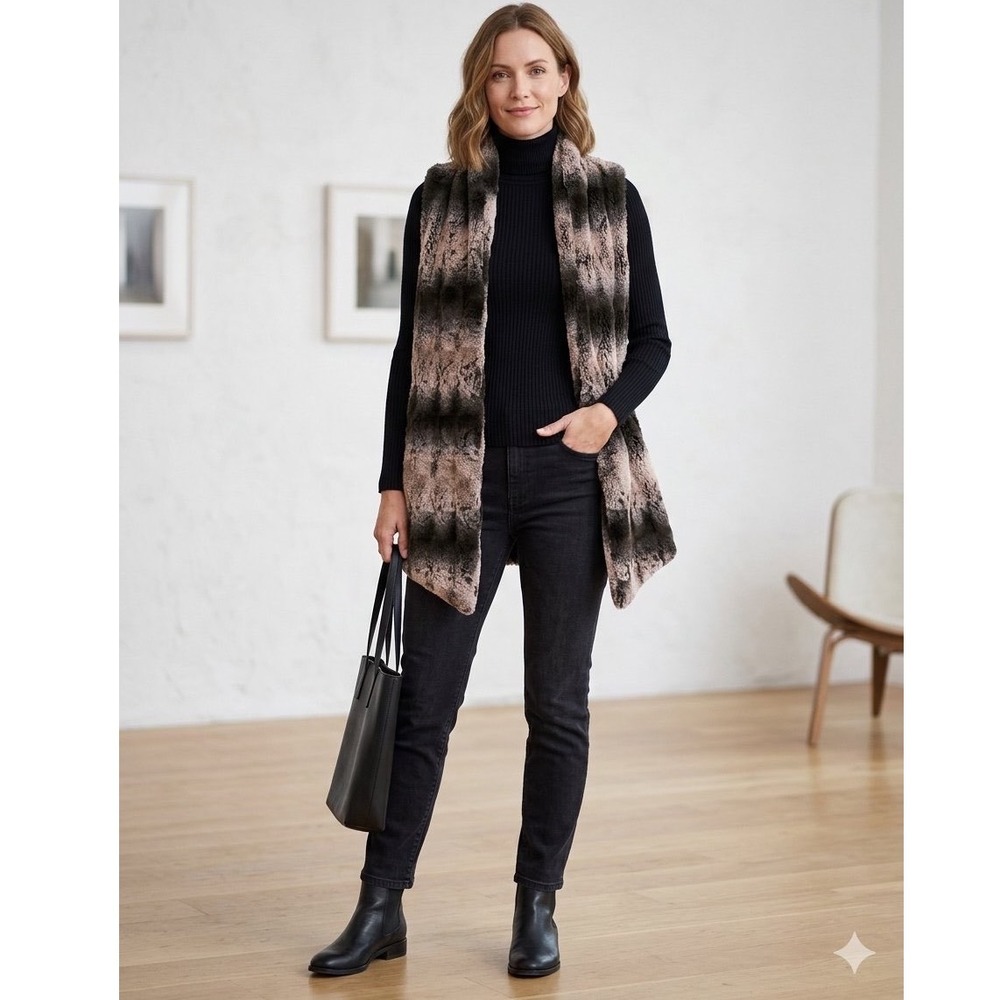 Lemon Tart Faux Fur Vest Brown Ombre Striped Open Front Sleeveless Jacket M